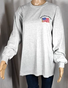 Grau meliertes Jersey Strick T-Shirt Langarm bestickt amerikanische Flagge stolz - Bild 1 von 14