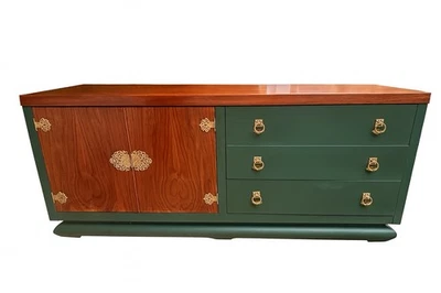 Restored, MCM, Asian inspired credenza. Solid wood base & brass hardware. - Image 1 of 4
