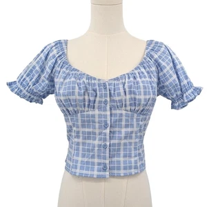 NWT Forever 21 Blue Gingham Puff Sleeve Crop Top Sz L Cottagecore Coquette - Picture 1 of 10