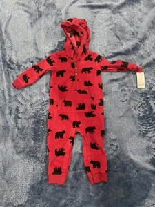 Carter’s Hooded One Piece Red With Bears 12 Months New With Tag Pajamas - Picture 1 of 5