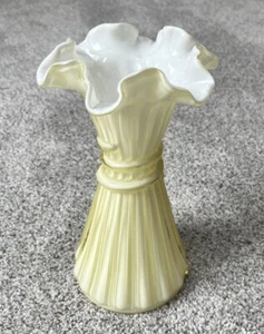 Vtg Fenton Wheat Light Butterscotch Candle Glow White Case Glass Vase Ruffled - Picture 1 of 6