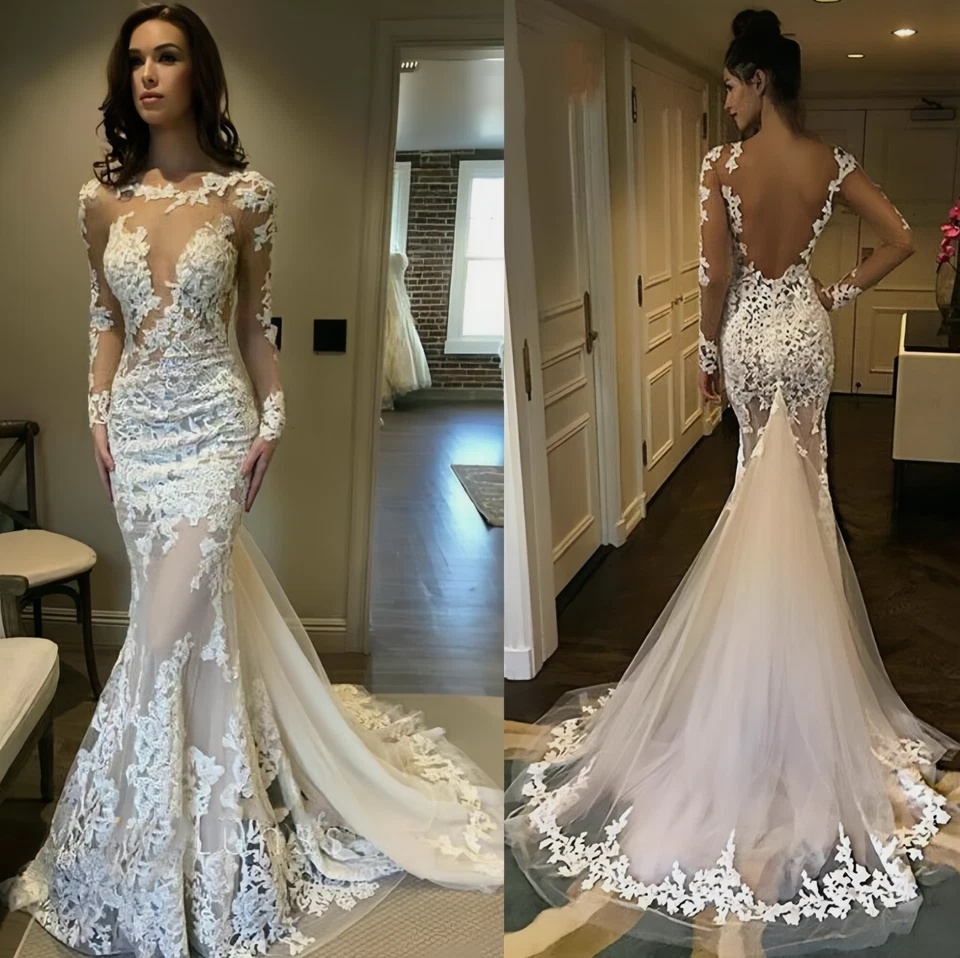 Mermaid Wedding Dresses Sexy Backless Long Sleeves Illusion Lace Bridal Gowns - Image 1 of 4
