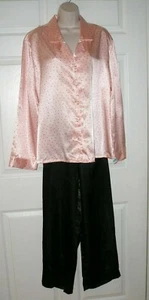 Women's Large Pajamas Pink & Black Polka Dot Shirt Top Solid Black Pants - Picture 1 of 12