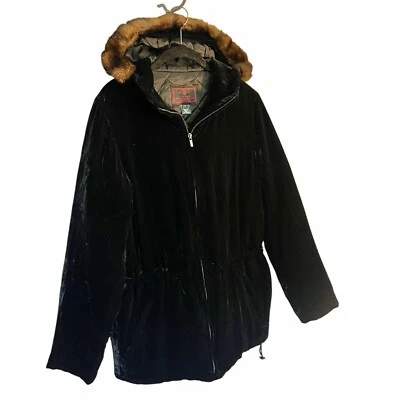 Lauren Ralph Lauren Negro Terciopelo Seda Imitación Piel Capucha Parka Abrigo Dinero Antiguo Invierno Foto 1 de 4