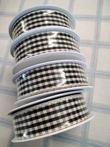 RIBBON Green & Cream Gingham Check 4 rolls 25mm Wide 80 metres Natural Rustic BN - Picture 1 of 7
