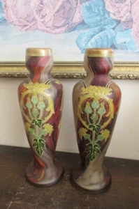 Pair Antique Mont Joye Legras France Enamel Glass Vases Flowers Red Gold 8.25" - Picture 1 of 12