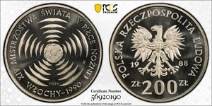 POLAND PROOF 200 ZLOTYCH COIN 1988 FOOTBALL SOCCER Par- 453a PCGS SP69 PROBA - Picture 1 of 4