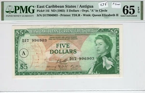 East Caribbean States Antigua 5 Dollars PMG Banknote UNC Gem 65 EPQ 14i ERROR - Picture 1 of 2