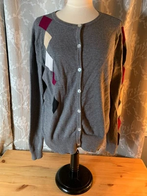 VIntage Crystal-Kobe 灰色纽扣 100% 棉 Argyle 针织开衫毛衣 LG — 第 1/4 张图片