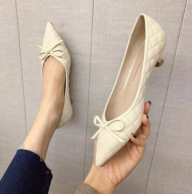 Ladies Elgeant Bow Shoes Pointy Toe Faux Leather Kitten Low Heels Slip On Pumps - Image 1 of 4