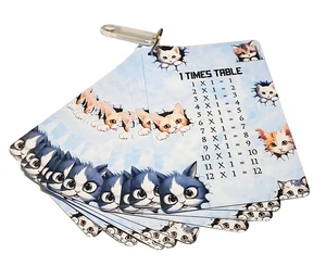 TIMES TABLES Cat Theme Laminated Flash cards 12 Maths 3.5"x5" boys girls Maths - Picture 1 of 3