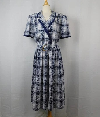 Lady Carol Belted Notch Collar A-Line Midi Secretary Dress 14, Navy Check #4889 - Image 1 of 4
