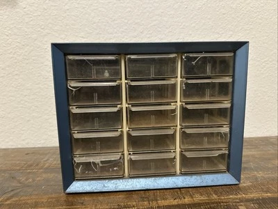 Vintage AKRO-MILS Machinist Blue Metal Small Parts Cabinet w/ 15 Drawers - Box - Image 1 of 4