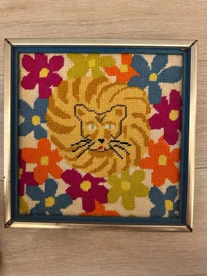 Vintage 1960s Mod Cat Needlepoint Wall Art – Handmade Mid-Century Embroidery - Image 1 of 3