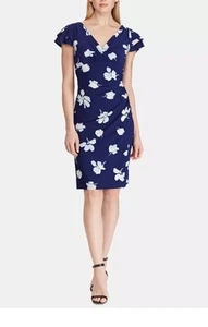 Lauren Ralph Lauren Blue White Floral V-Neck Side Gather Faux Wrap Dress Sz 4P - Picture 1 of 23