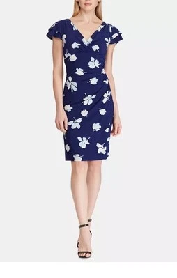 Lauren Ralph Lauren 蓝色白色花卉 V 领侧褶人造裹身连衣裙,尺寸 4P — 第 1/4 张图片