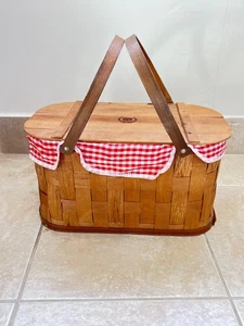 Vintage großer geflochtener Holz Picknickkorb mit Holzgriffen & Deckel 18" Bx 11" Lx 10" H - Bild 1 von 18