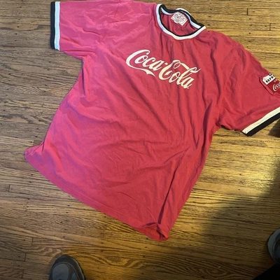 Vintage Coca-Cola Pink Ringer T-Shirt with Sleeve Patch - Image 1 of 4