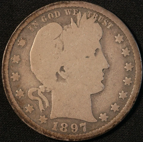 1897 S BARBER QUARTER, TOUGH SEMI-KEY DATE, FULL SHARP RIMS, DATE, LETTERING! Cover
