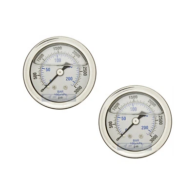 2 PACK LIQUID FILLED PRESSURE GAUGE 0-3000 PSI, 1.5" FACE, 1/8" NPT BACK MOUNT - Image 1 of 3