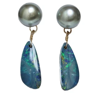 Tahitian Pearl Opal Dangle Earrings 9 MM Turquoise AAA - Picture 1 of 2