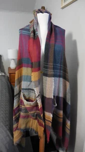 Grace and Lace Plaid Fringe Shawl Poncho with Pockets Navy Burgendy Tan - Picture 1 of 9