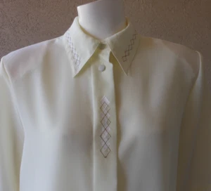 Vintage Amanda Button Front Blouse Off White Argyle Embroidery Size M/10 - Picture 1 of 7