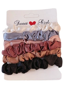 6 Women Girl Black Satin Hair Ponytail Holder Elastic bands ties Scrunchies Set - Picture 1 of 10