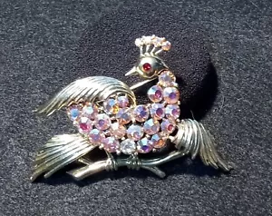 Vintage Signed Coro Gold Tone Rhinestone Bird Peacock on Branch Brooch Pin - Picture 1 of 4