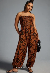 Anthropologie 2X Printed Balloon Leg One Piece Smocked Tube Top Jumpsuit - Picture 1 of 11