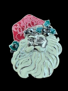 Vintage Santa Claus Face Brooch Enamel Faux Marcasite Christmas Holiday Pin - Picture 1 of 4