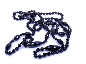 Antique Art Deco 54" BLACK JET STONE Mourning Glass Flapper Bead Strand Necklace - Picture 1 of 6