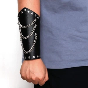 2pcs PU Leather Punk Style Cuff Bracelet for Men Women with Alloy Chain - Picture 1 of 5