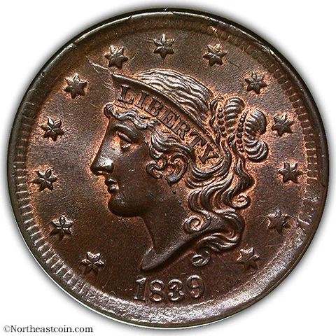 1839 Large Cent Silly Head NGC MS66 BN Cover