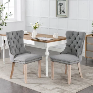 2Set Linen Fabric Upholstered Kitchen Dining Chairs Nailhead Trim Wood Legs Gray - Picture 1 of 9