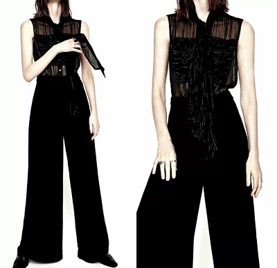 ZARA BLACK JUMPSUIT WITH WIDE LEG TROUSERS STRIPE TOP & TIE NECK BOW SCARF L new - image 1 of 4