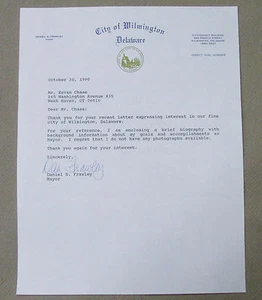 Daniel S Frawley Signed Letter. Legends Stadium Renamed for Wilmington DE Mayor - Picture 1 of 1
