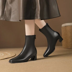 Women's Ankle Boots Thick Mid-heel Square Toe Booties Block Heels Pumps Shoes - Picture 1 of 18