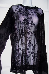 ALTO Para Mujer 1X Elegante Negro Encaje Cuello Alto Top Transparente Mangas Largas Campana Elegante - Imagen 1 de 12