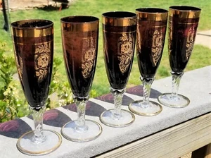 5 CZECH BOHEMIAN Art Glass FLUTED CHAMPAGNE GLASSES AMETHYST PURPLE Gold Overlay - Picture 1 of 12