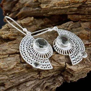Half Moon Design Earring Round Shape Natural Green Amethyst Sterling Silver - Picture 1 of 4