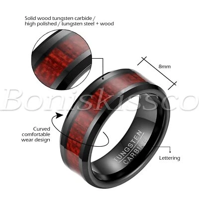 Alianza de boda de carburo de tungsteno con incrustaciones de madera para hombres y mujeres ajuste cómodo Foto 1 de 4