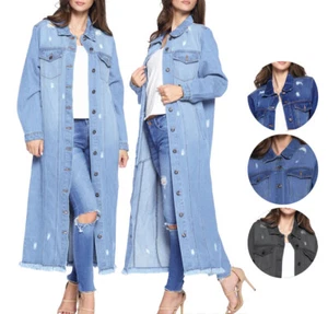 Women's Oversize Long Button Up Distressed Cotton Denim Classic  Jean Jacket - Picture 1 of 18