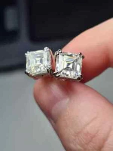 4Ct Asscher Lab Created Diamond Solitaire Stud Earrings 14K White Gold Plated - Picture 1 of 6