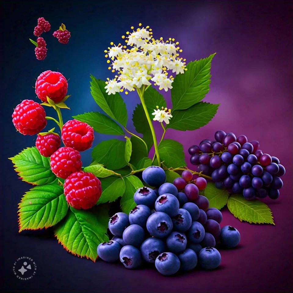 24 PERENNIAL FRUIT PLANTS BLUEBERRY BUSH RASPBERRY PURPLE GRAPE VINES ELDERBERRY - Image 1 of 4