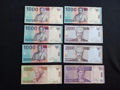 INDONESIA 4x 1000 + 2x 2000 + 5000 + 10000 RUPIAH Banknotes - Circulated - Image 1 of 2