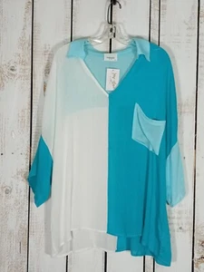New Blouse ColorBlock Semi-Sheer Womens 2X Plus Top or Swimsuit Coverup V-Neck - Picture 1 of 6