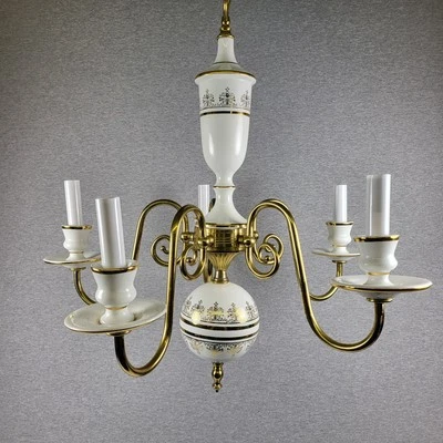 Vintage Thomas Industries Porcelain Brass Gold & White 5 Arm Chandelier MCM - Image 1 of 4
