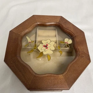 Octagonal Wooden Jewelry Box Hinged Glass Top with Painted Flowers Vintage MELE - Picture 1 of 8