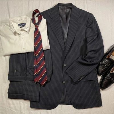 Polo University Club 40L Navy Pinstripes Suit 3 Roll 2 Button 32Wx33L Pants - Image 1 of 4